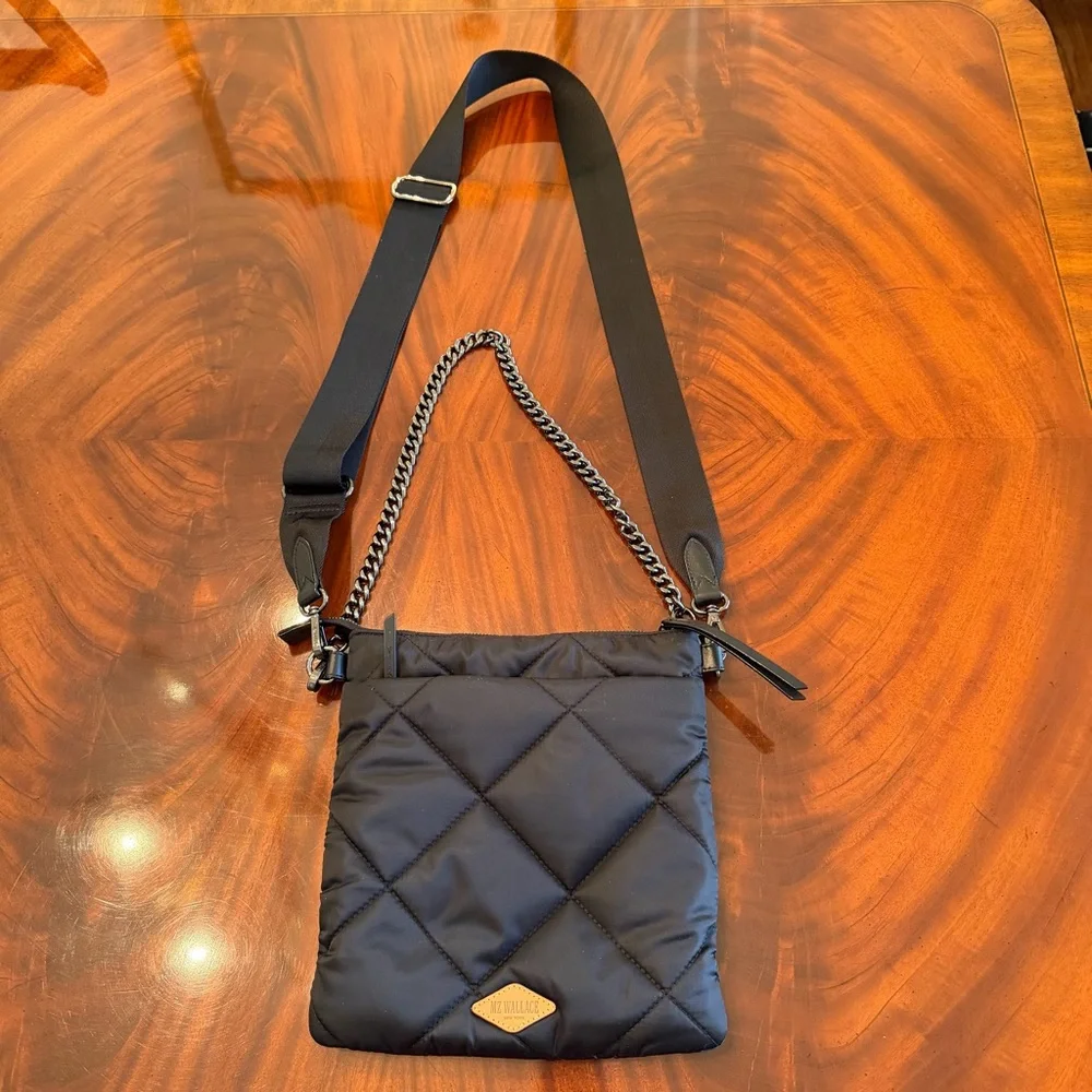 MZ Wallace Madison Flat Crossbody Black Quilted Nylon Bag